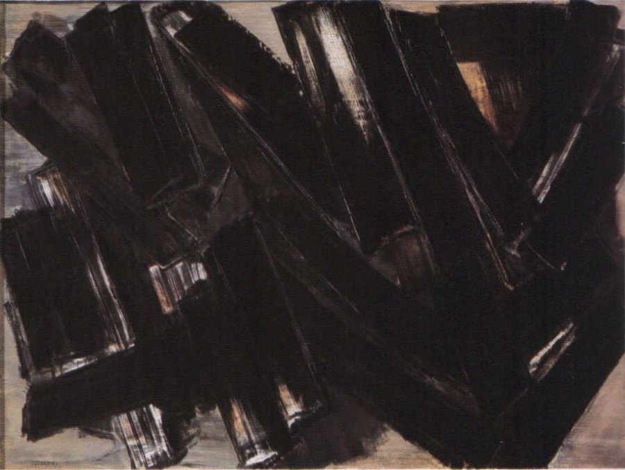 Pierre Soulages, Malerei 15, 1957 — broad black strokes crossing a pale ground